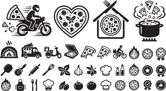 Set of black and white pizza icons and food delivery elements for restaurant menu design