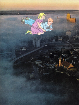 Teenage boys and girls sat and lay on the clouds, pointing their fingers towards the homes they had left behind, reminiscing about childhood memories.