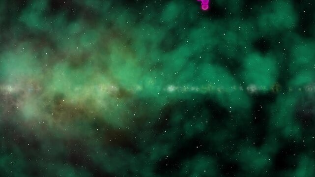 Deep space emerald green nebula background featuring sparkling starfields and cosmic dust lanes. A glowing horizontal band of celestial light cuts through dark teal interstellar gas clouds in a vast a