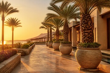 Fototapeta premium Palm trees lining tiled walkway at sunset waterfront resort