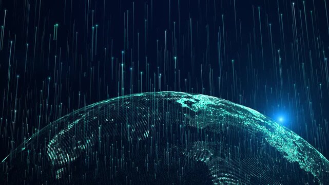 Abstract Digital Earth Globe Hologram Rotating in Deep Space with Ascending Light Particles and Glowing Data Streams Representing Global Connectivity Technology and Future Network Infrastructure