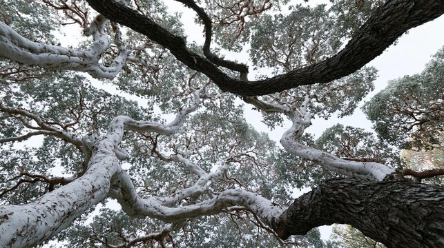 Close-up of a tree's branches and leaves. the tree appears to be in a forest or a wooded area, as there are other trees visible in the background.