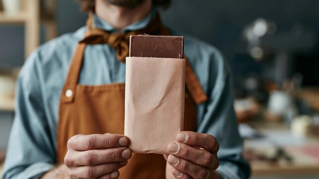 Man wearing a brown apron and a blue shirt. he is holding a small brown paper bag in his hands. the bag appears to be made of a sturdy material and has a flap on top.