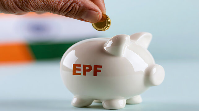 EPF India Concept Illustration with Piggy Bank, Gold Coins, Indian Flag Background, Financial Savings, Retirement Fund, Employee Provident Fund, Wealth Growth