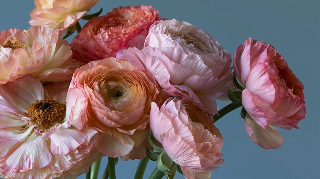 Close-up of a bouquet of flowers. the flowers are in full bloom and are arranged in a vase. the petals of the flowers are a soft pink color with hints of orange and yellow.