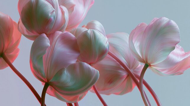 Close-up of a group of pink tulips. the tulips are in full bloom, with their petals open wide and their stems visible.
