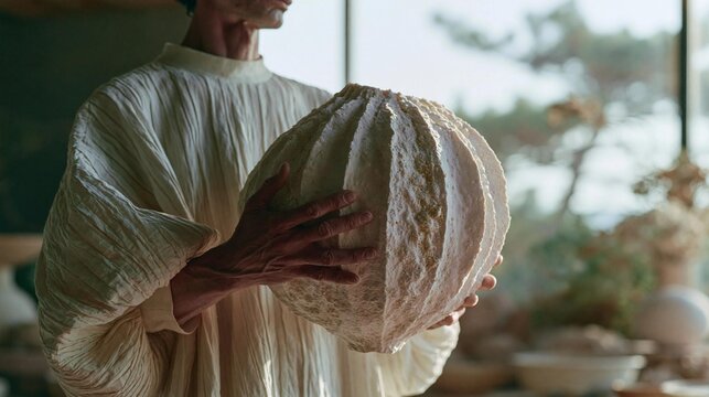 Man holding a large, round object in his hands. the object appears to be made of a light-colored material, possibly clay or plaster, and has a textured surface.