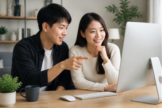 Young couple browsing computer together in home office