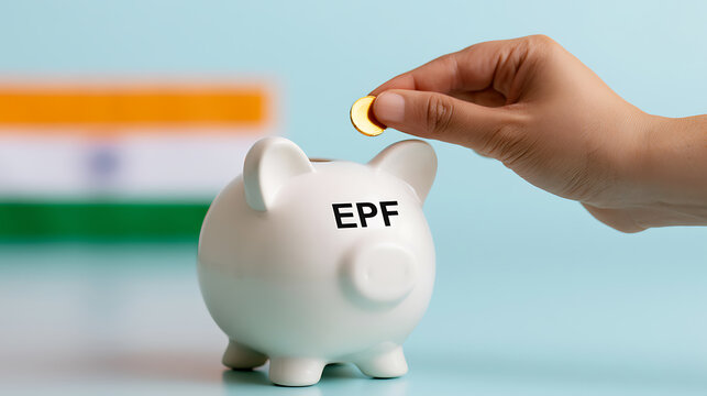 EPF India Concept Illustration with Piggy Bank, Gold Coins, Indian Flag Background, Financial Savings, Retirement Fund, Employee Provident Fund, Wealth Growth