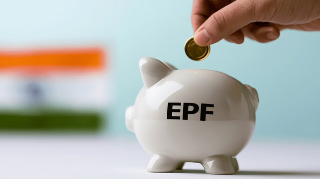 EPF India Concept Illustration with Piggy Bank, Gold Coins, Indian Flag Background, Financial Savings, Retirement Fund, Employee Provident Fund, Wealth Growth