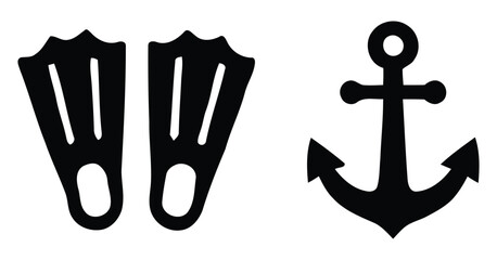 Swim Flippers and Ship Anchor Nautical Icons Set Minimalist Solid Black Geometric Shapes Vector Pack © rofikgraph24