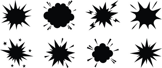 Explosion burst silhouette icon set with comic impact effects, Blast star and energy symbols, Dynamic explosion collection © Creatix