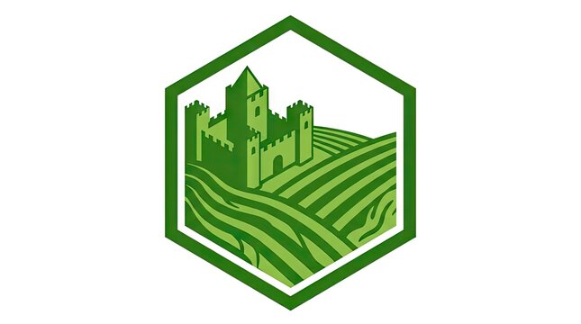 Green hexagonal logo featuring a castle and vineyard.