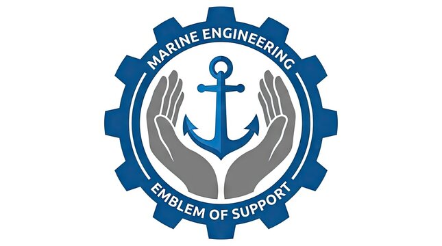 Marine engineering emblem with anchor gear and support hands.
