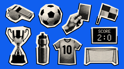 Obraz premium Football Elements Set with Whistle, Ball, Goalpost, Jersey, and Trophy, Soccer Collage in Retro Halftone Effect Style