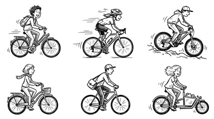 Obraz premium Diverse People Riding Bicycles in Various Styles and Settings