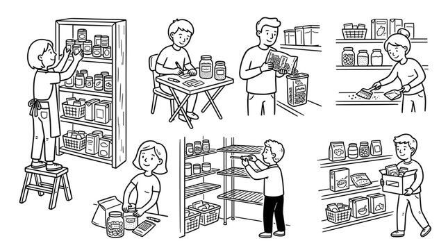 People organizing and cleaning food pantry shelves with jars and boxes