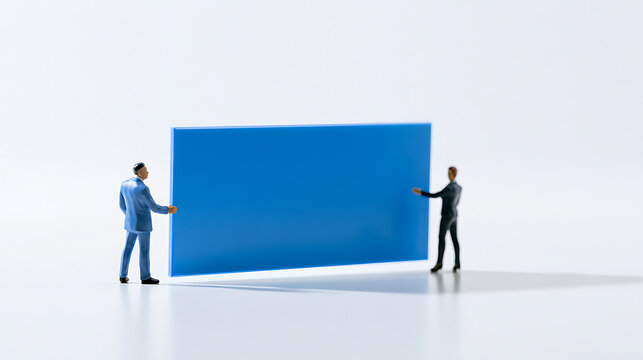 Two tiny business figures collaborate to position a large blank blue rectangle on a clean white surface, symbolizing partnership and strategy development