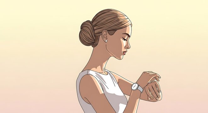 Elegant Woman Checking Wristwatch in Soft Sunset Glow