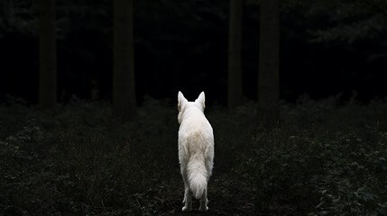 Obraz premium White animal stands at the edge of a dark, dense forest, looking into the deep woods, evoking mystery and solitude in nature at dusk