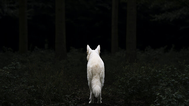 White animal stands at the edge of a dark, dense forest, looking into the deep woods, evoking mystery and solitude in nature at dusk