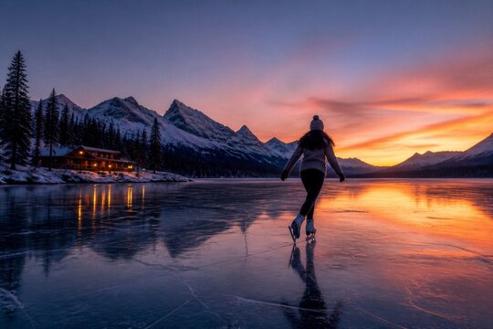 Woman ice skating on frozen lake at sunset in mountains