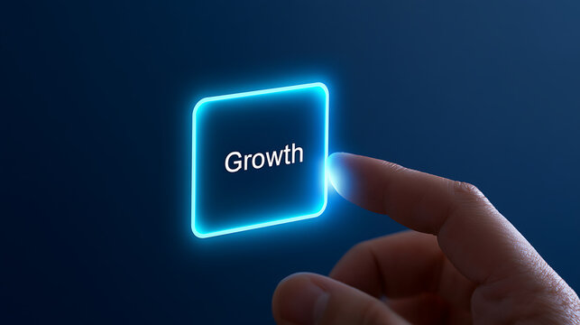 A hand presses a glowing blue virtual button displaying the word "Growth" on a dark blue background, symbolizing progress and future development