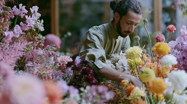 Man with a beard and long hair, wearing a beige shirt, arranging a large bouquet of flowers in a garden center.