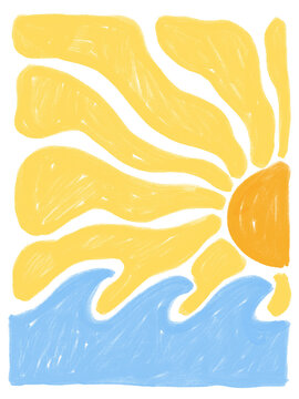Abstract summer sun and ocean waves naive art illustration on black background