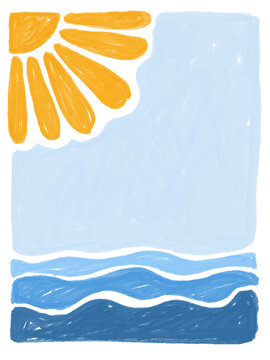 Abstract beach background with sun and sea waves in crayon sketch style