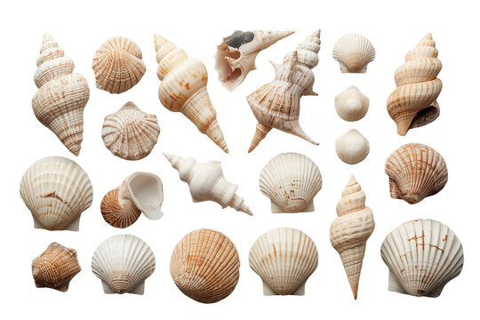 Variety of seashells from the ocean displayed as a scattered collection, showing different shapes and textures on transparent background