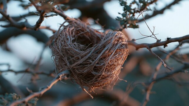 Bird's nest hanging from a tree branch. the nest is made of twigs and branches, and it appears to be empty. the background is blurred, but it seems to be an outdoor setting with trees and foliage.