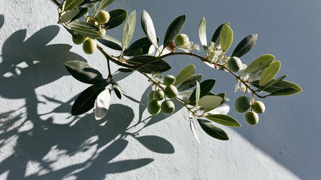 Branch of an olive tree with green leaves and small white flowers. the branch is against a light blue wall, casting a shadow on the wall. the leaves are oval-shaped and have a glossy texture.