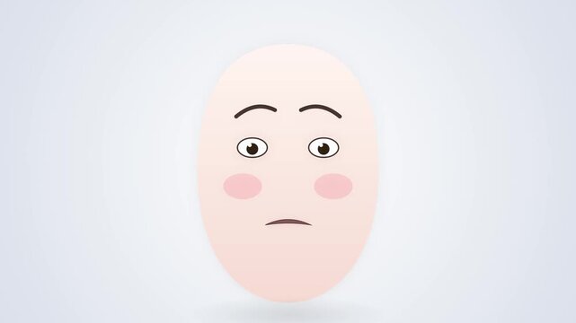 Sad oval cartoon face with blush cheeks on blue background
