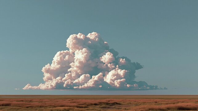 Large cloud in the middle of a vast open field. the cloud is white and fluffy, and it appears to be floating in the sky. the sky is a clear blue, and the field is covered in dry grass and shrubs.