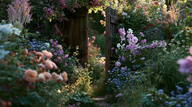 The image is of a beautiful garden with a variety of colorful flowers and plants. the garden is filled with different types of flowers, including roses, daisies, and other types of wildflowers.