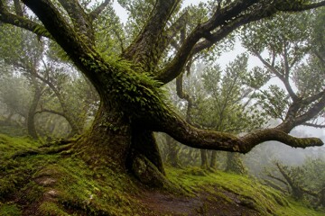 Fototapeta premium Large mossy tree with sprawling branch in misty woodland