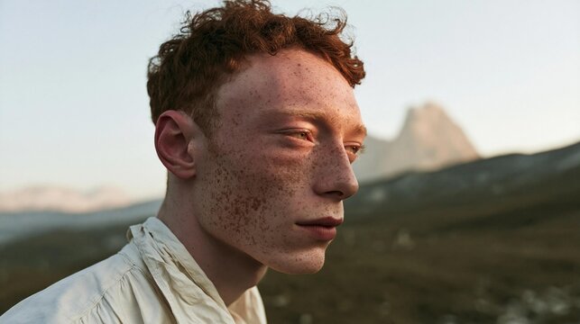 Close-up portrait of a young man with red curly hair and freckles on his face. he is wearing a white collared shirt and is looking off to the side with a serious expression.