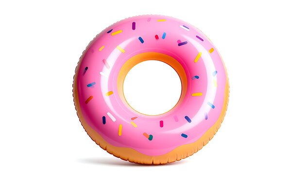Isolated pink inflatable donut pool float with colorful sprinkles, summer fun and beach party accessory