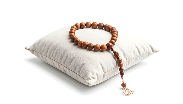 Isolated prayer beads made of wooden spheres resting on a textured cushion, symbol of faith and spirituality