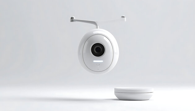 Isolated futuristic white security camera with optical lens floating in clean studio space, technology innovation