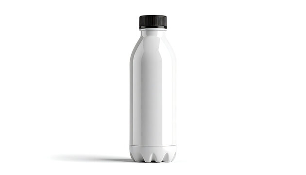 Isolated glossy white plastic water bottle with black cap, studio shot, clean and modern, beverage container mockup