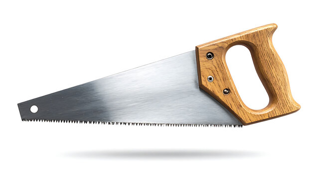 Isolated hand saw with wooden handle, sharp metal teeth, tool for carpentry and construction, hardware