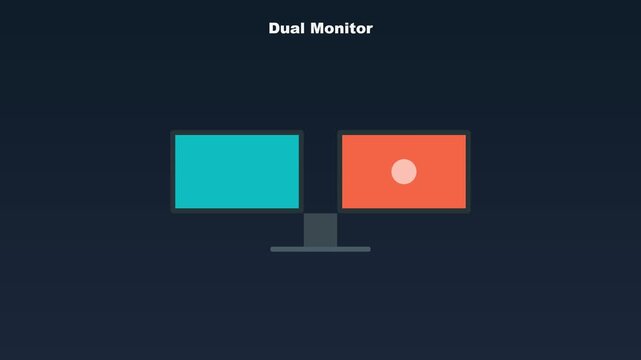 Dual monitor setup animation: minimalist flat concept for productivity and digital workspace technology 4k