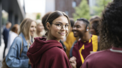 Obraz premium happy female university freshman wearing glasses and a maroon hoodie at a campus orientation welcome party. She looks back over her shoulder with a warm smile while diverse college, Back to school