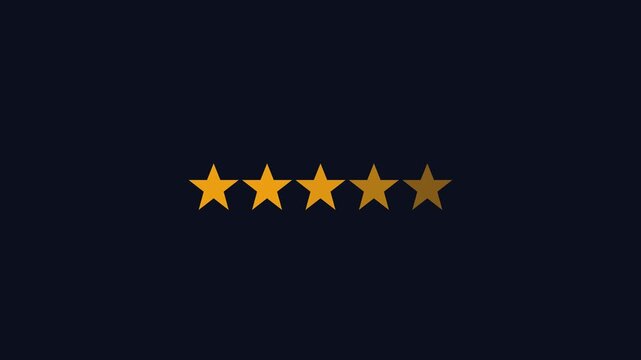 Five star rating animation loop, customer feedback review concept, gold stars filling up on dark 4k background