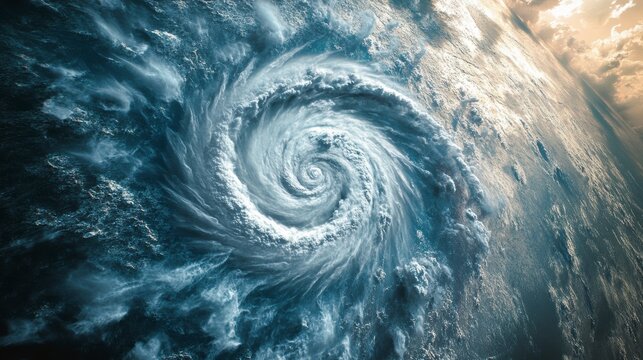 Aerial view of a swirling vortex cloud formation over the ocean.