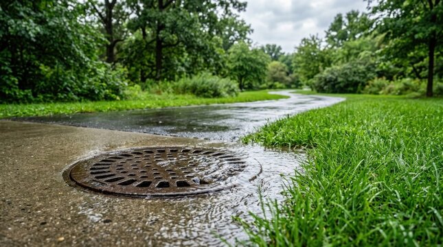 Stormwater drain overflow managing excess runoff on a wet paved road