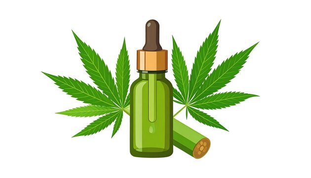 Fresh cannabis plant with CBD oil bottle and hemp seeds.