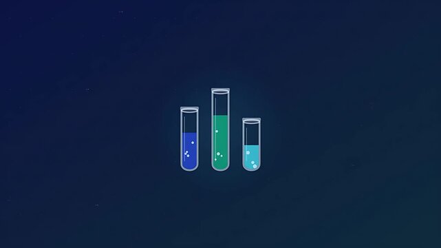 Scientific test tubes with colored liquid solutions bubbling in a dark futuristic background illustrating chemistry experiments and molecular science concepts